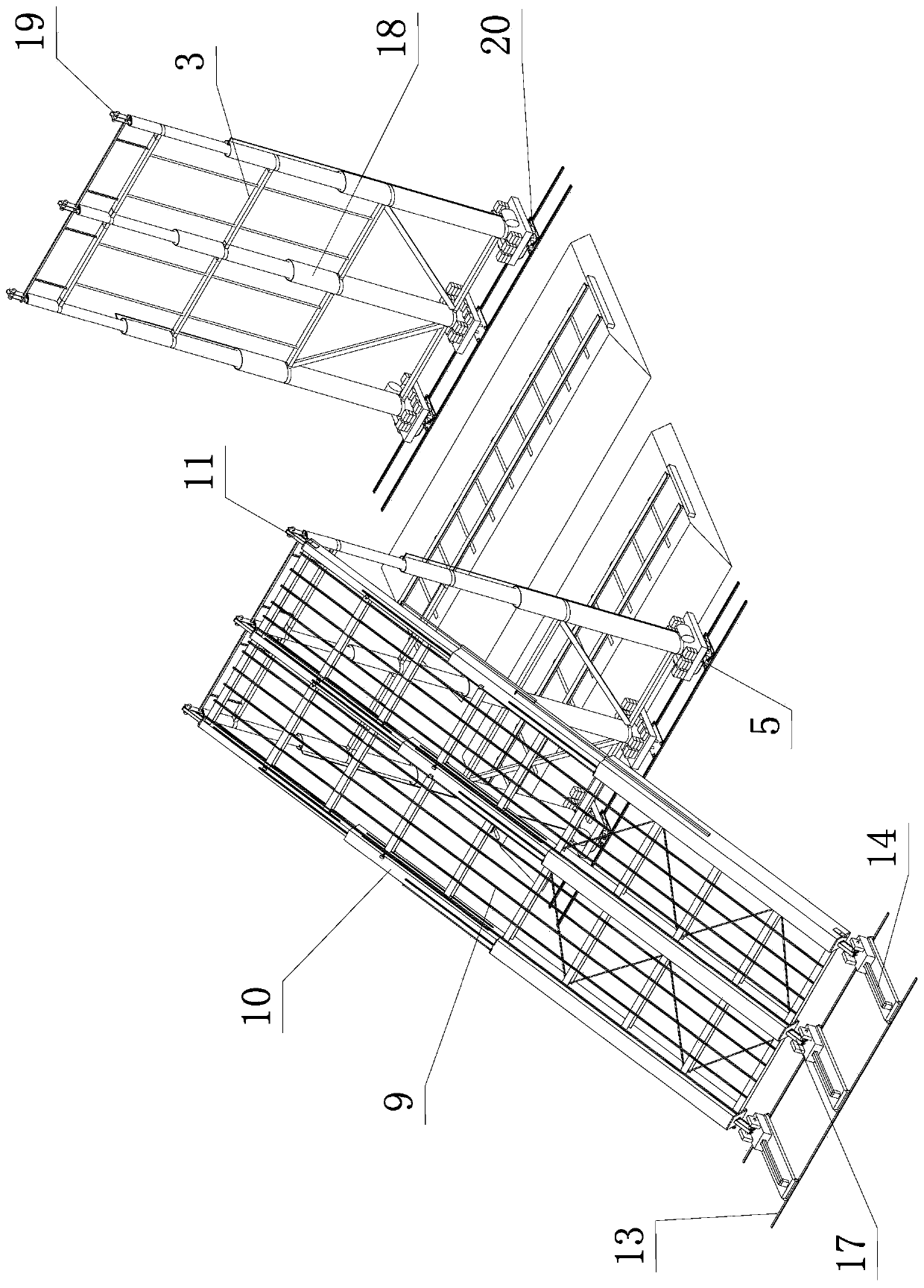 Hinged protective scaffolding used in construction of viaduct crossing railway, and erecting method thereof