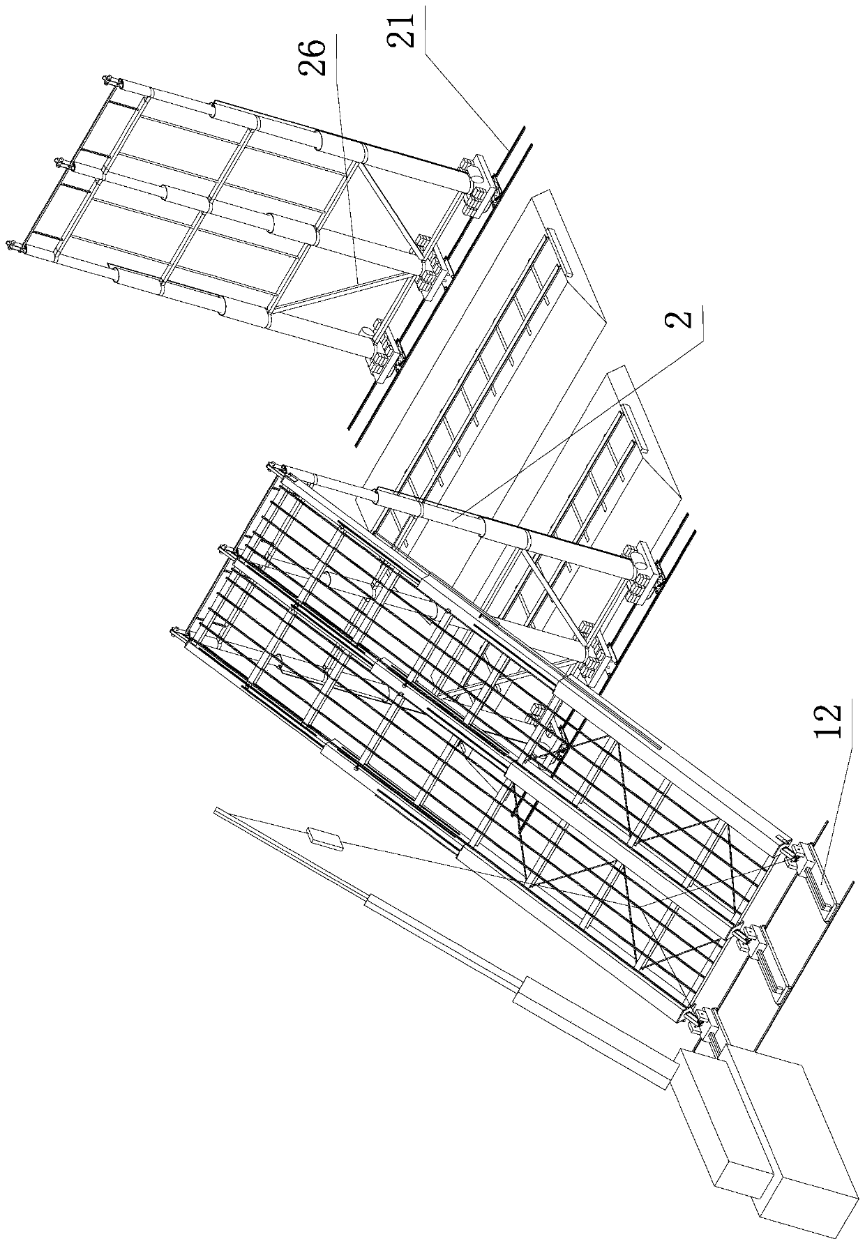 Hinged protective scaffolding used in construction of viaduct crossing railway, and erecting method thereof