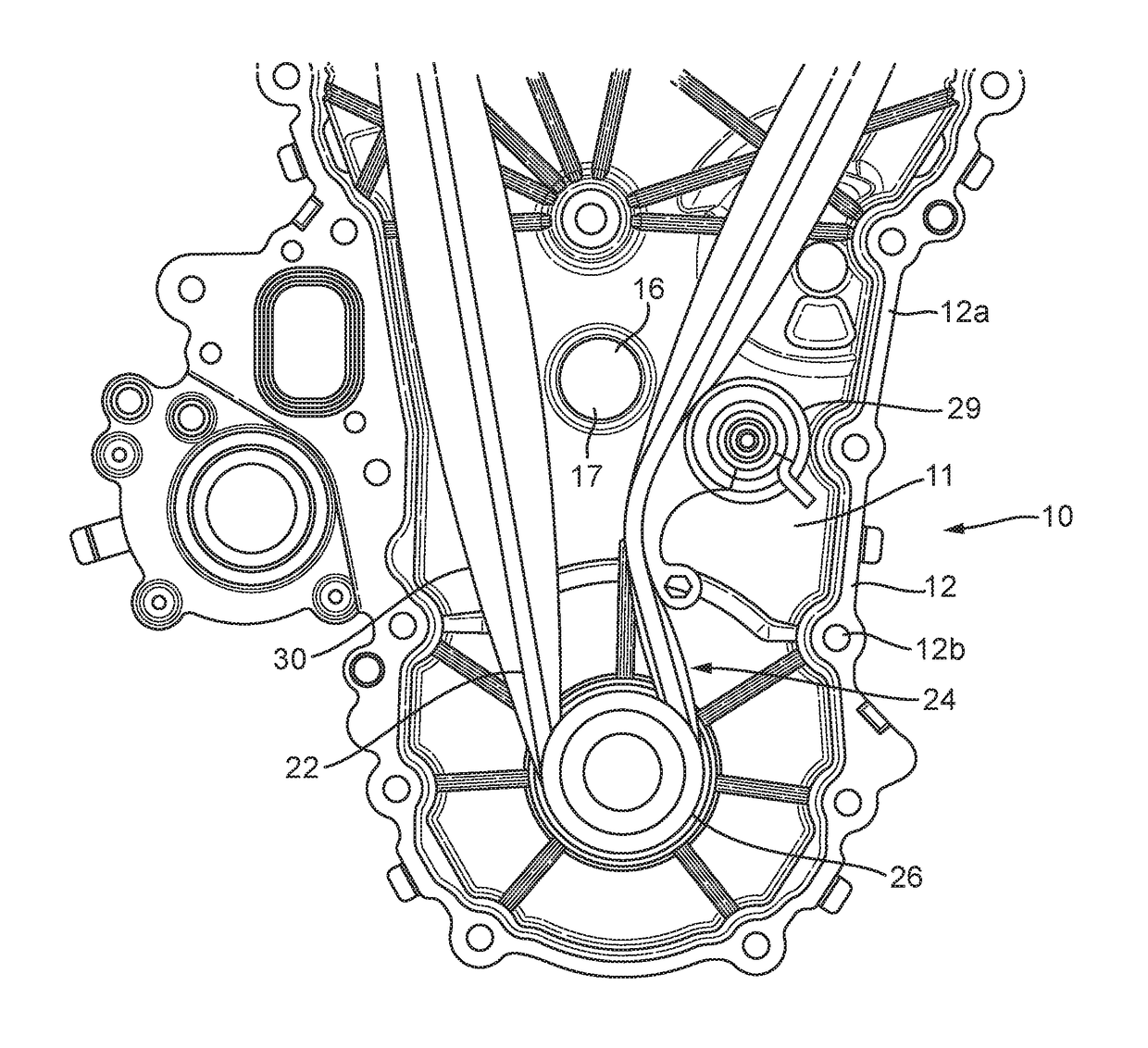 Engine assembly with an engine cover or housing comprising a boss