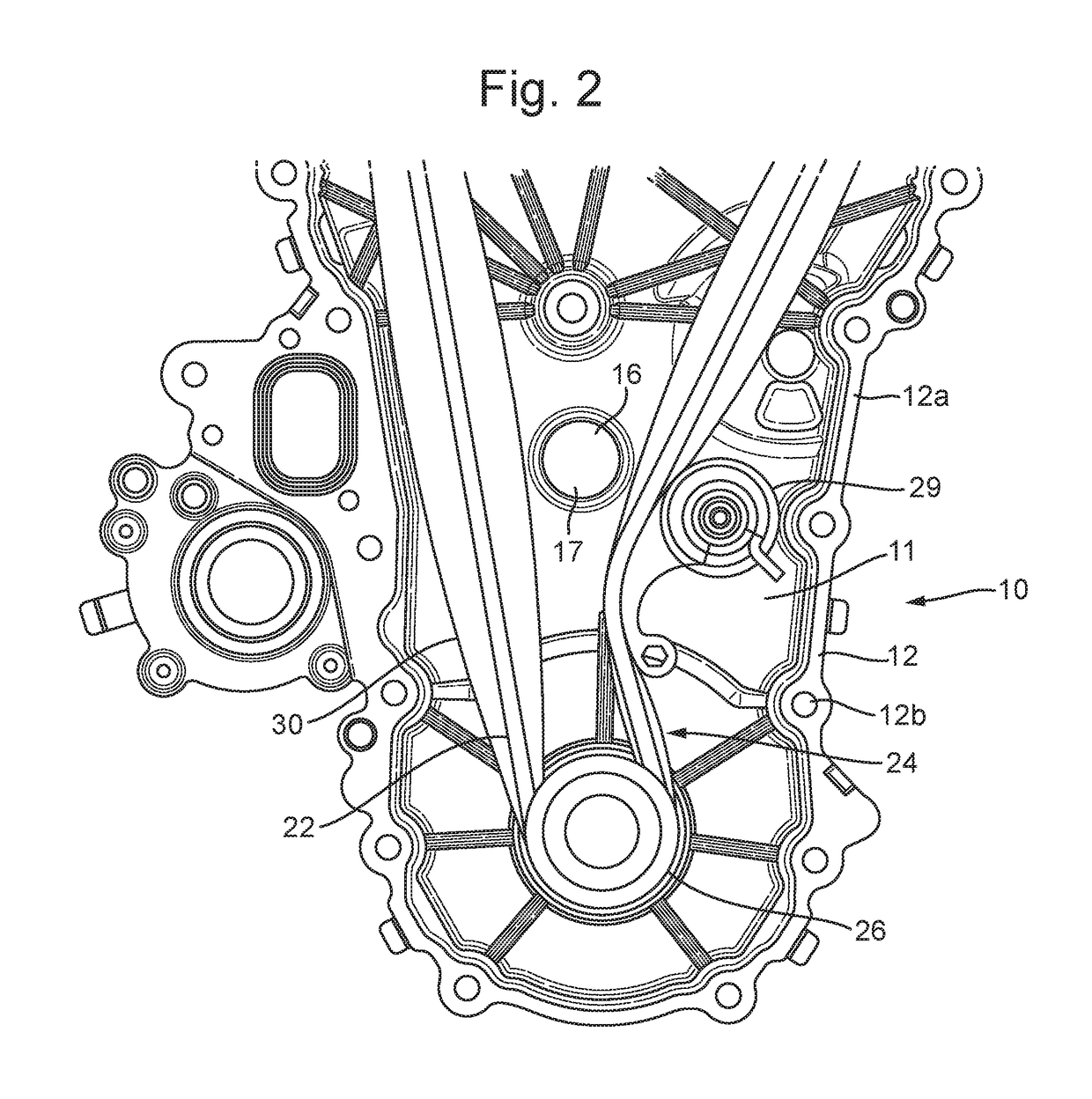 Engine assembly with an engine cover or housing comprising a boss