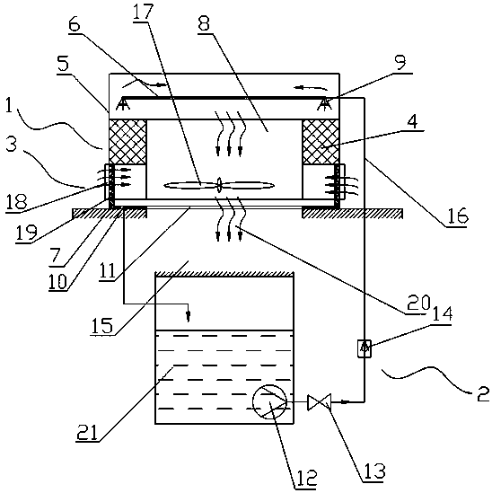 An air-conditioning device utilizing evaporative cooling of toilet flushing water