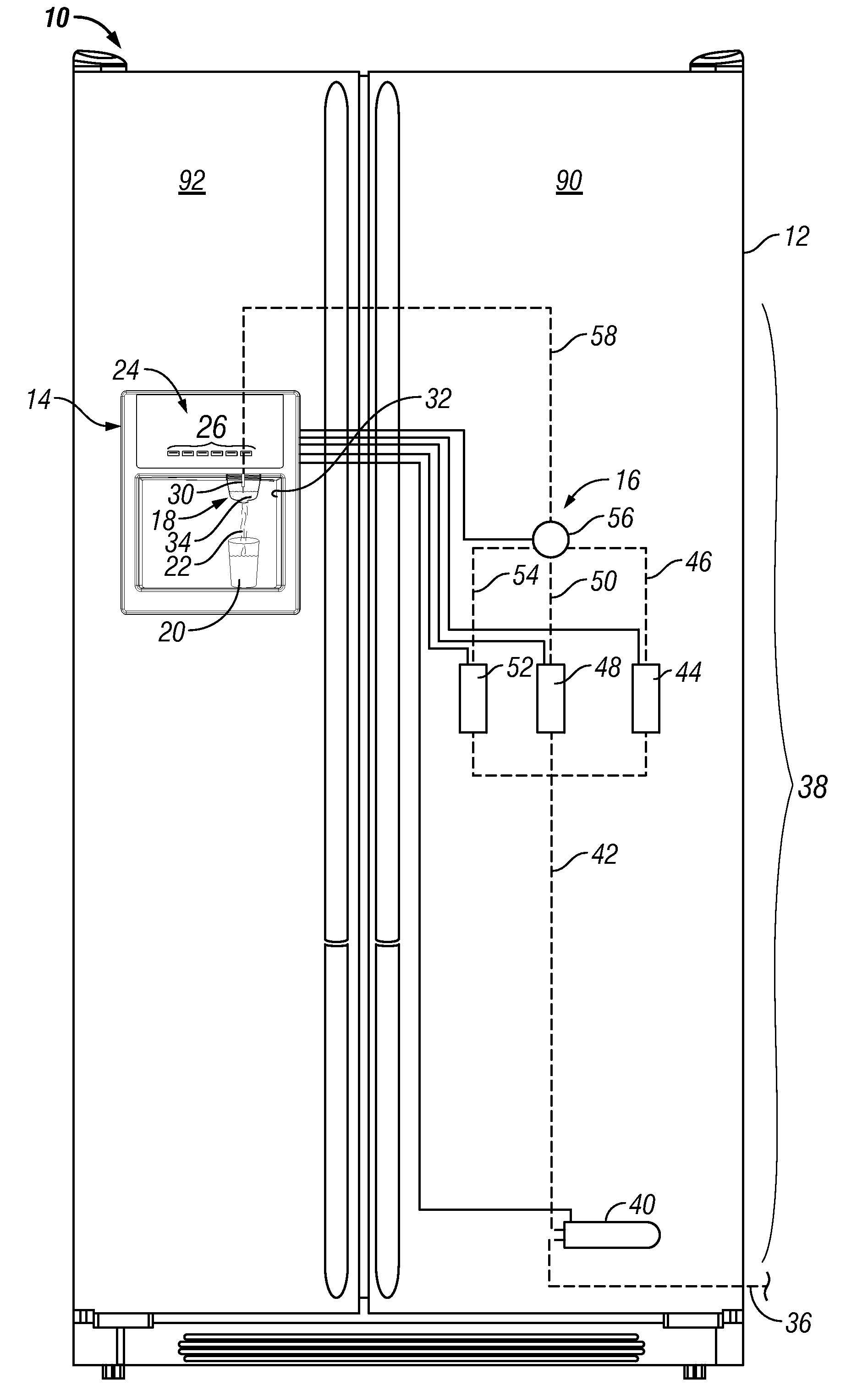 Apparatuses and methods for a refrigerator having liquid conditioning and enhancement components for enhanced beverage dispensing