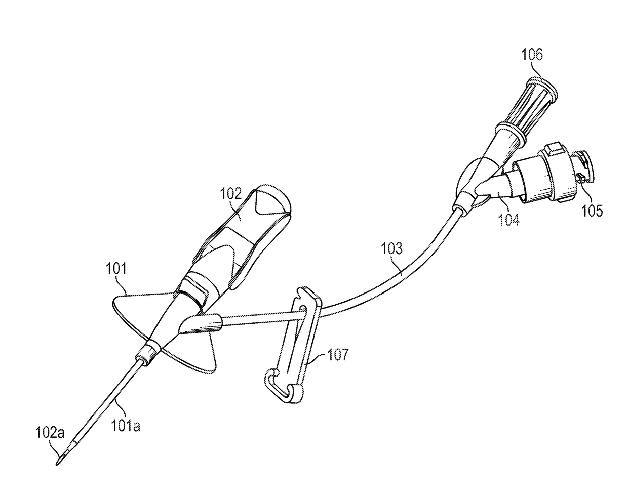 Closed iv access device with paddle grip needle hub and flash chamber