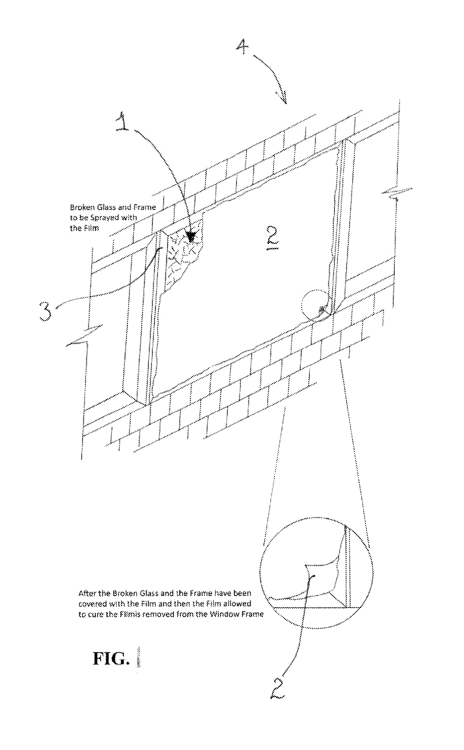 Sprayable composition for stabilising broken glass and method of applying same