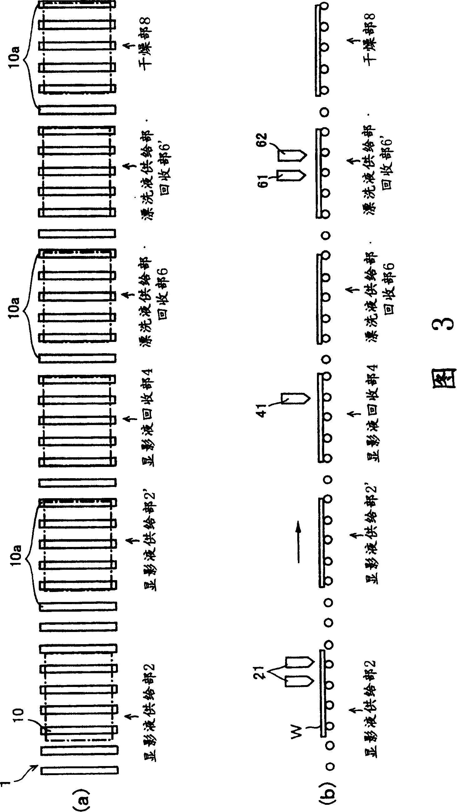 Single-line arrangement development processing apparatus