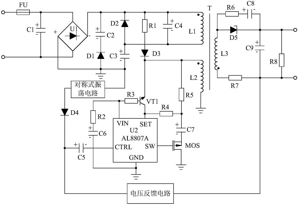 Voltage feedback-based white LED oscillatory efficiency drive system