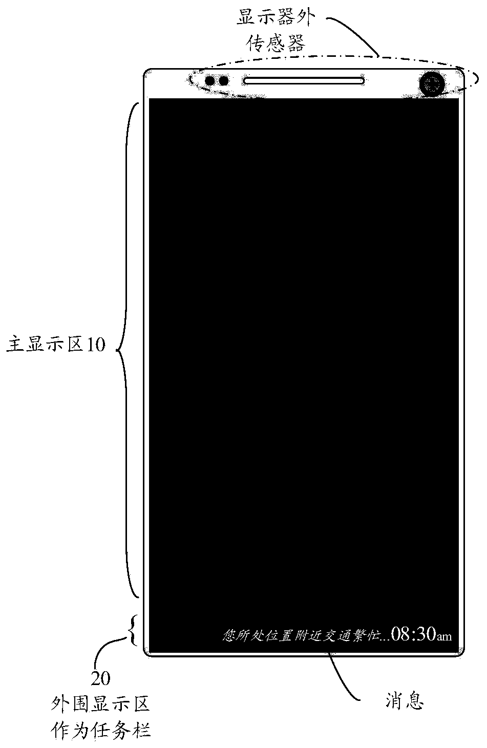 Devices with peripheral task bar display zone and under-lcd screen optical sensor module for on-screen fingerprint sensing