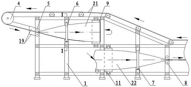 Turning method of belt conveyor and matched device