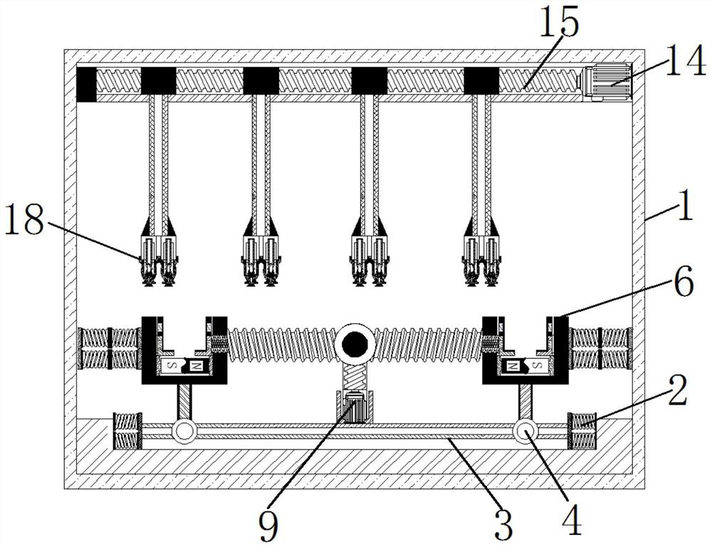 Hardware machinery reciprocating uniform paint spraying equipment based on magnetic clamping