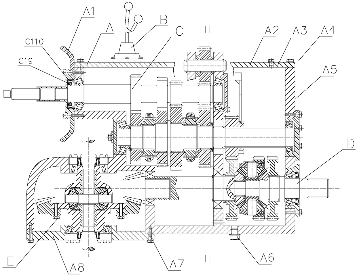 Differential speed four-drive transmission