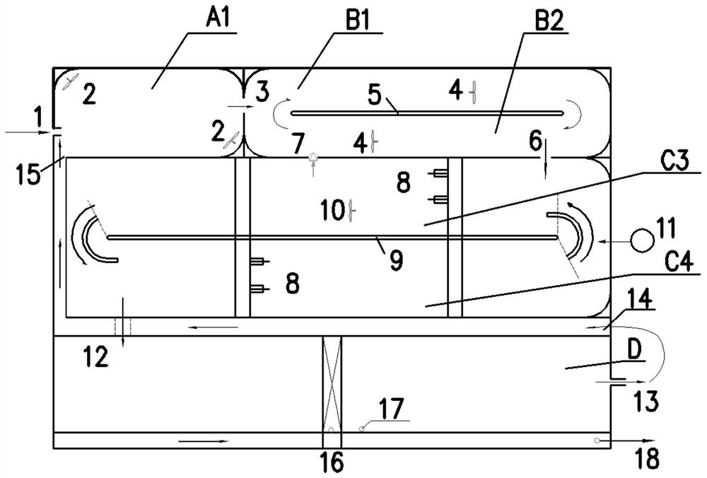 Integrated double-circulation oxidation ditch device for town sewage and treatment method