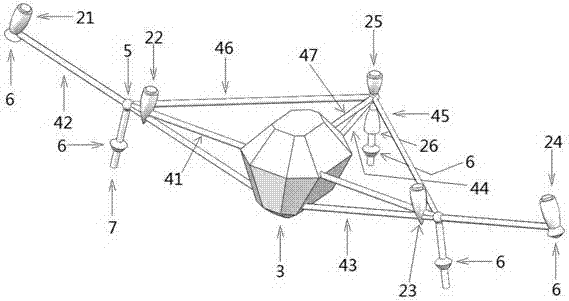 Six-rotor-wing agricultural plant protection unmanned aerial vehicle with propellers distributed in cambered mode