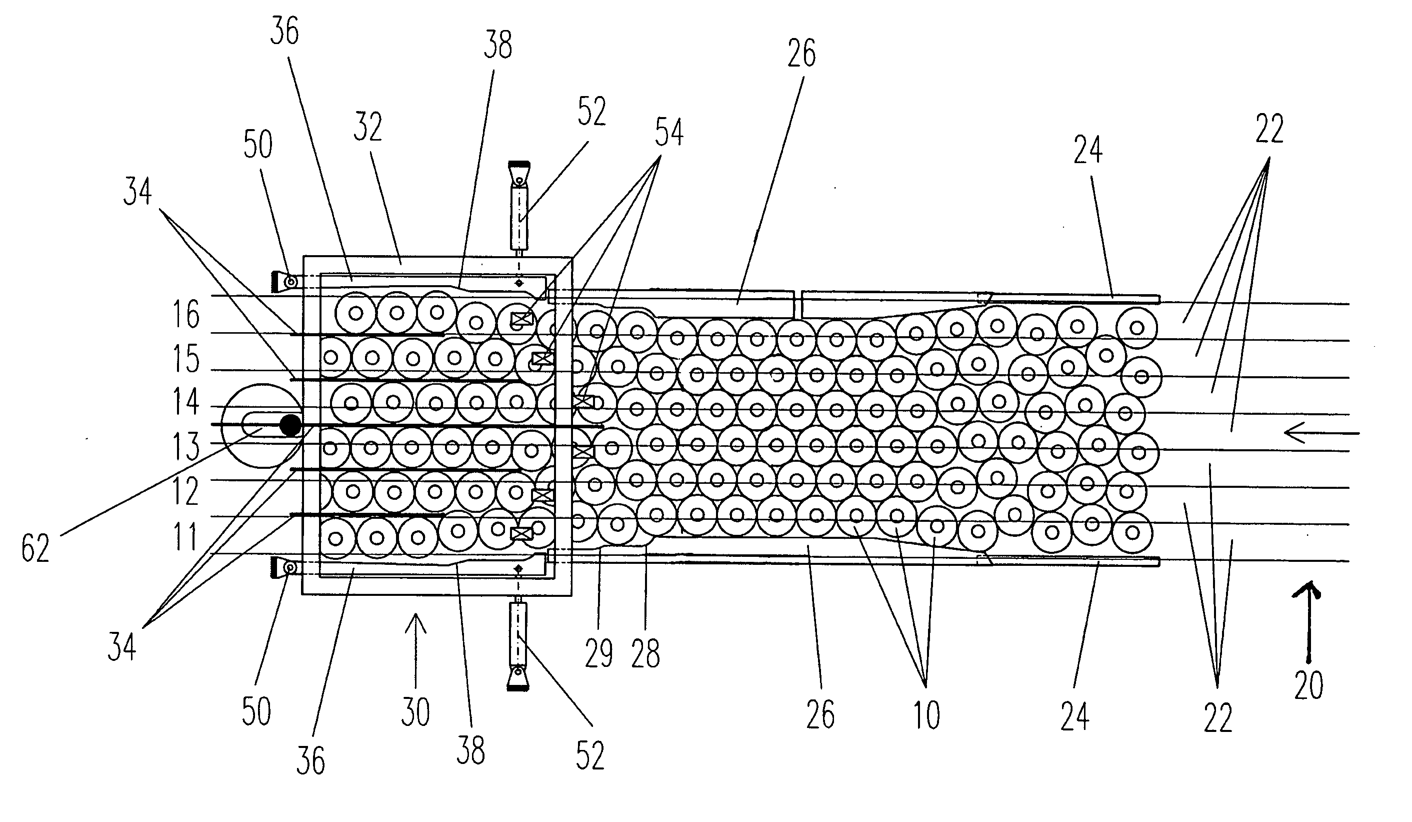 Apparatus for the Distribution of a Random Stream of Cylindrical Items, for Example Drinks Bottles, into Several Lanes