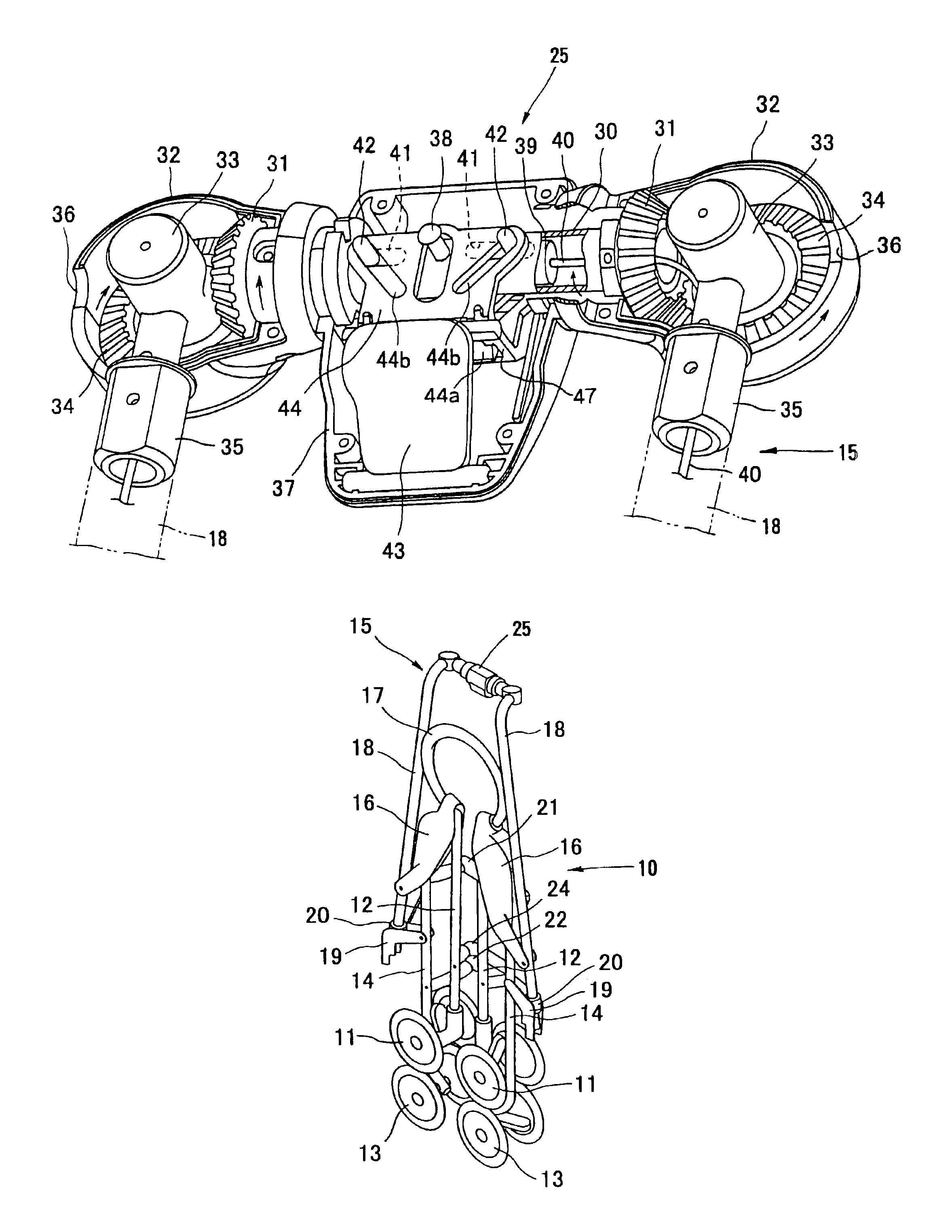 Stroller foldable in three