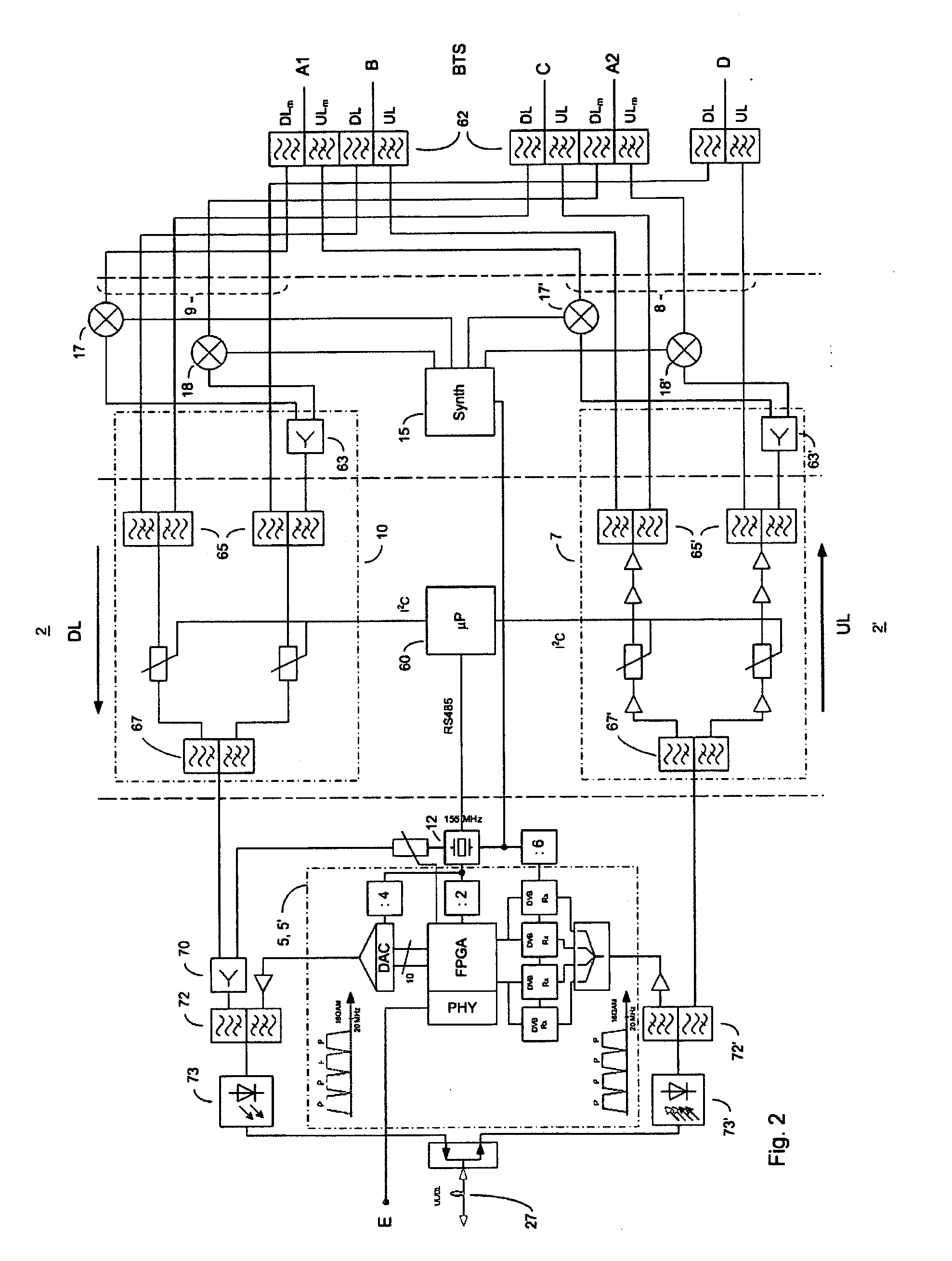 Master unit, remote unit and multiband transmission system