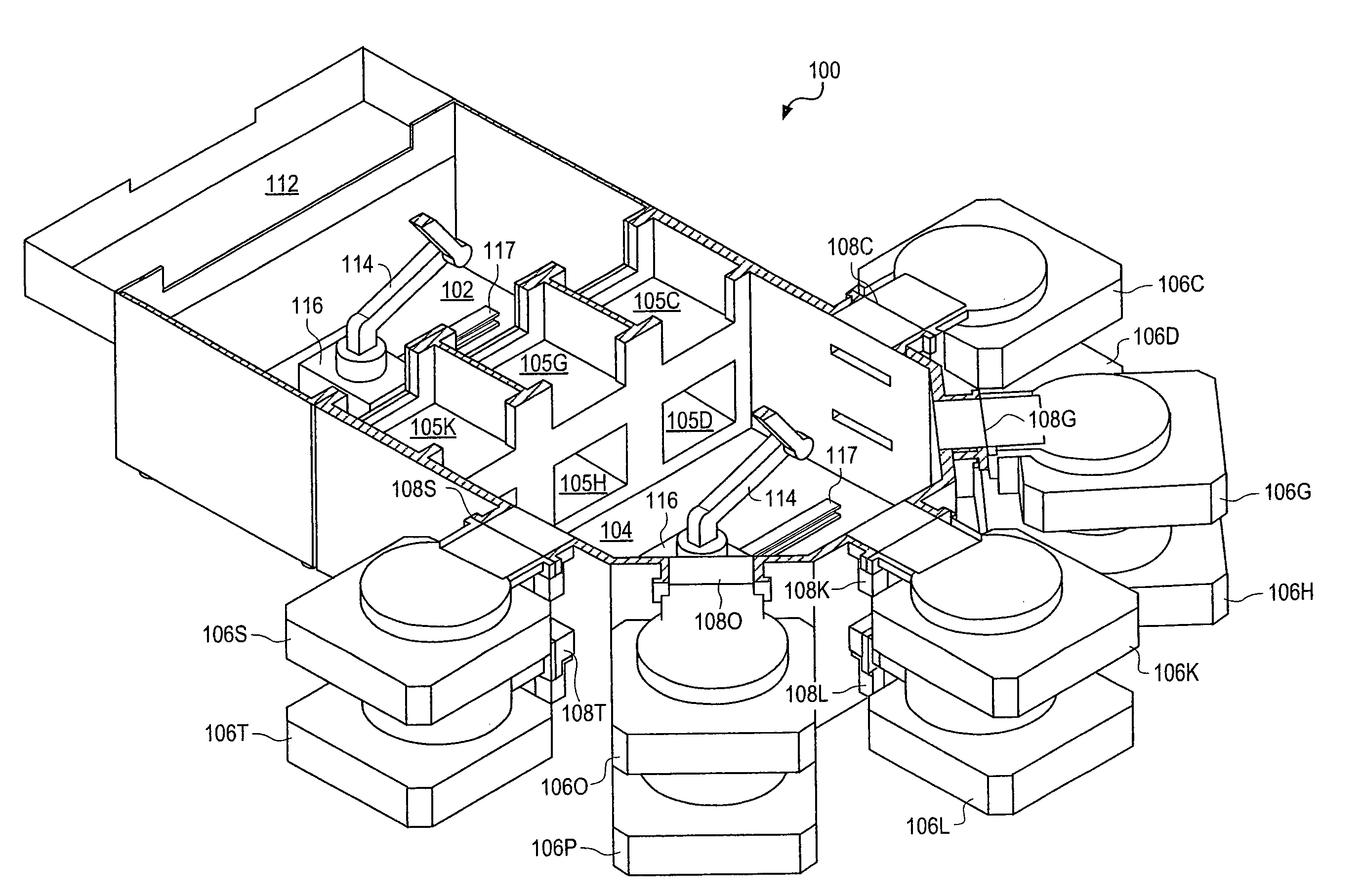 Magnetic media processing tool with storage bays and multi-axis robot arms