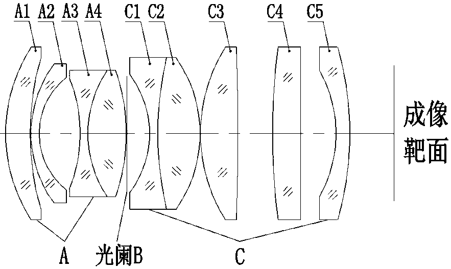 Light and miniature big-target-surface low-light lens and imaging method thereof