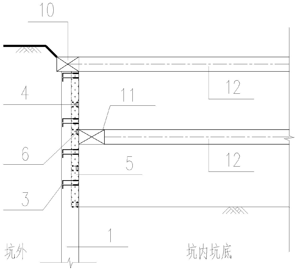 Composite structure with bracing soldier piles and basement exterior wall overlapped and construction process of composite structure