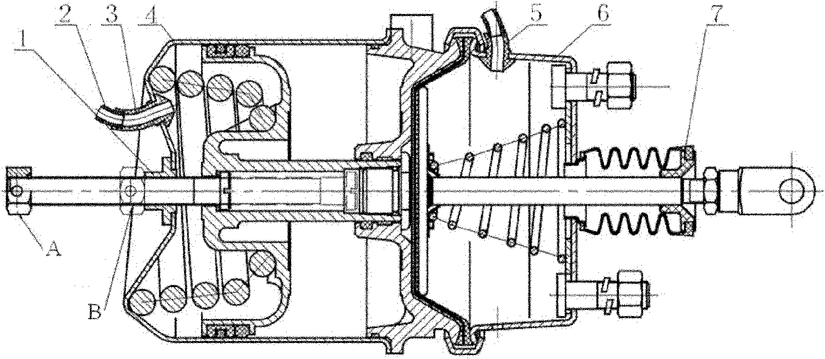 Diaphragm type spring braking chamber of truck braking system