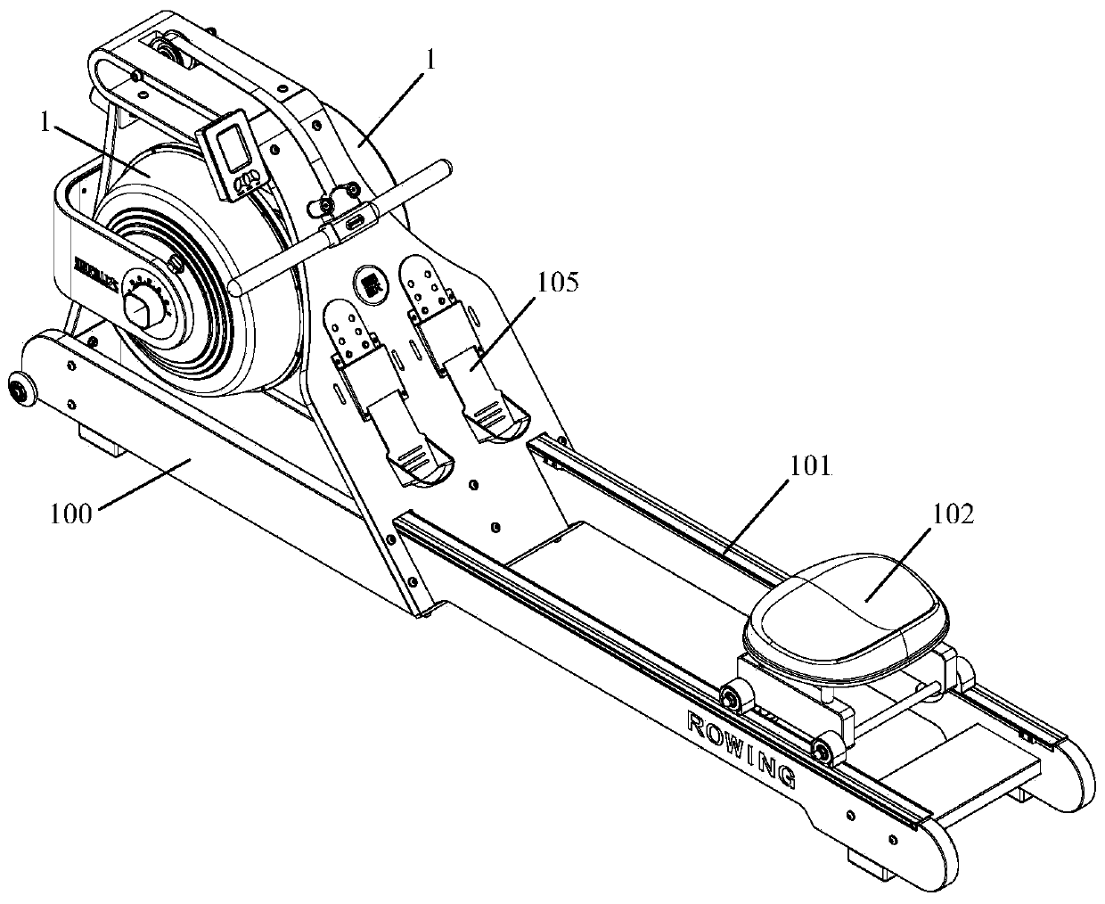 A water resistance rowing fitness machine