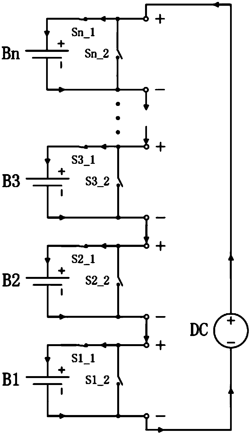 Charging control circuit of low voltage power supply to high voltage battery pack based on adjustable battery pack series structure and control method thereof