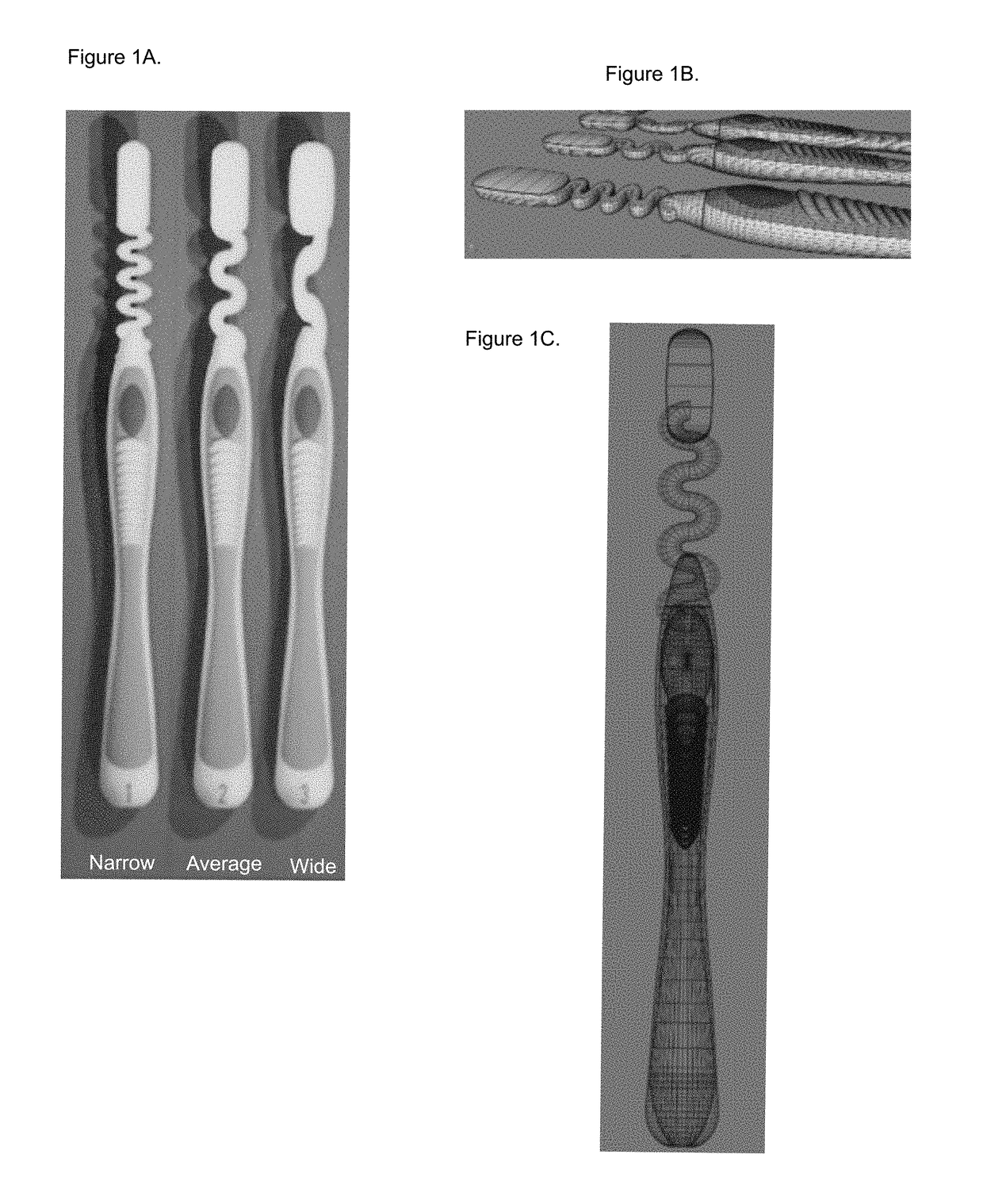 Three toothbrush designed to adapt to the 3 different mouth shapes (narrow, average, wide)