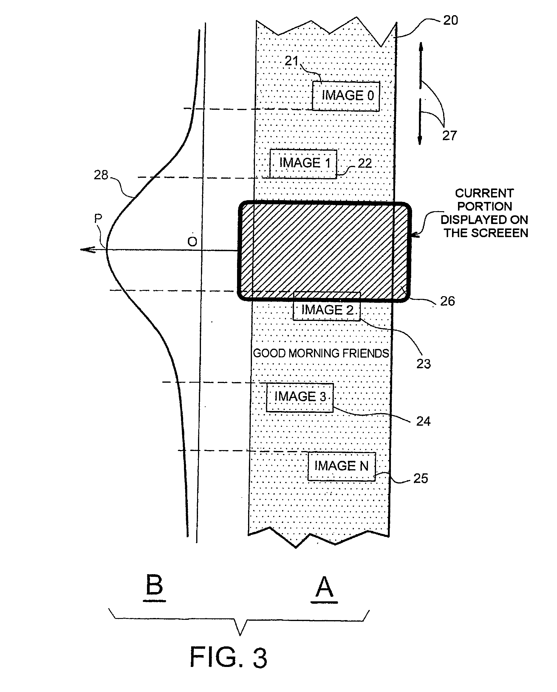 Unit and method for managing the display of a current portion of a document on a screen