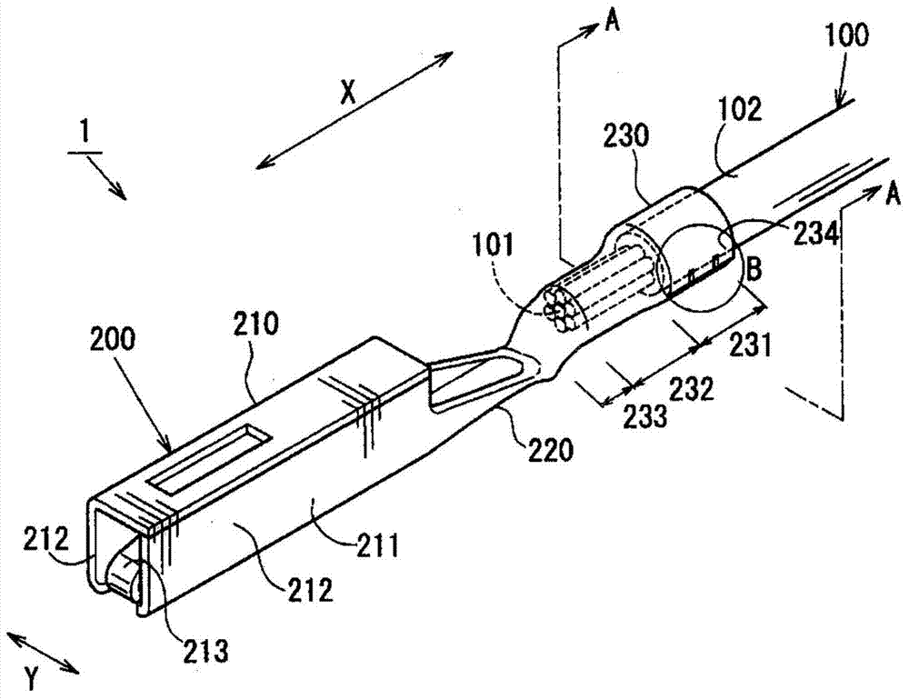 Electric wire connection structure, method for manufacturing said electric wire connection structure, connector provided with said electric wire connection structure, and crimping die