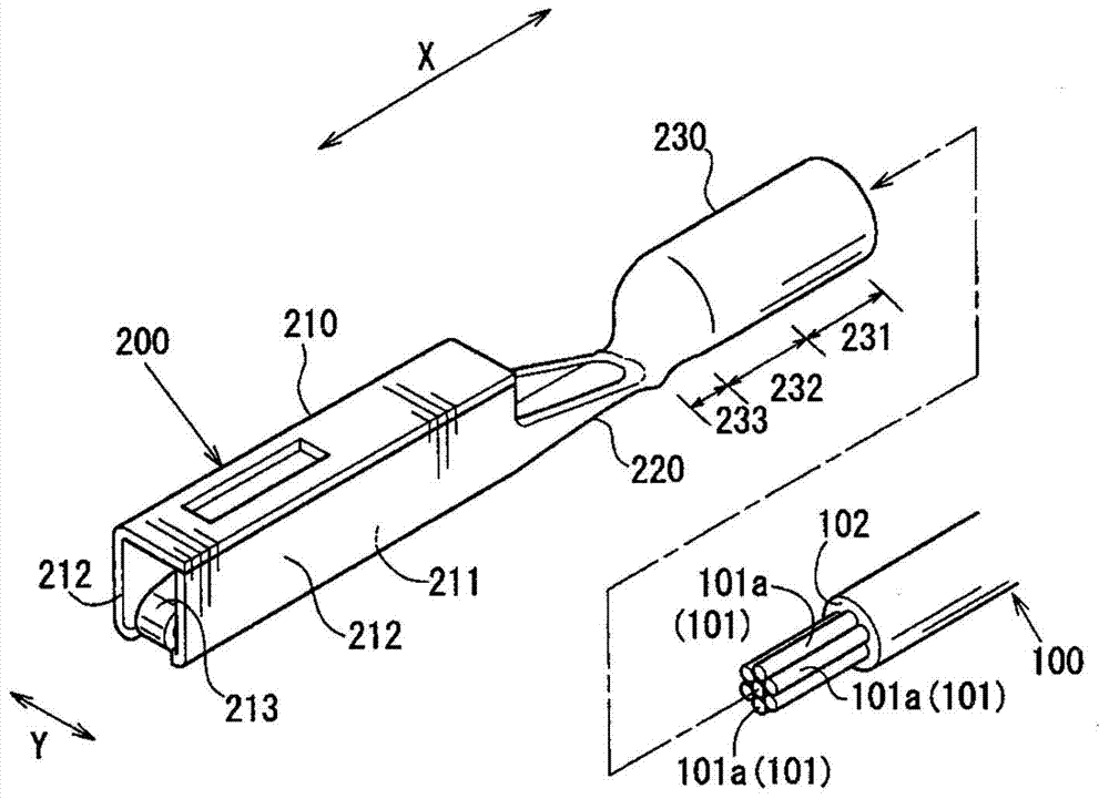 Electric wire connection structure, method for manufacturing said electric wire connection structure, connector provided with said electric wire connection structure, and crimping die