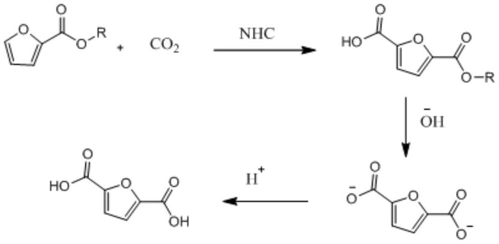 Method for synthesizing 2,5-furandicarboxylic acid by catalyzing carbon dioxide with n-heterocyclic carbene