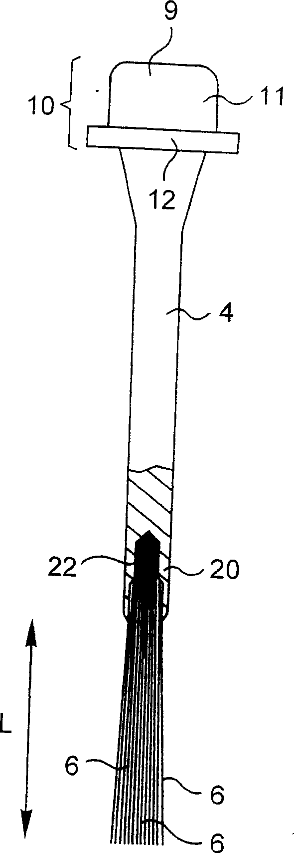 Brush and storing and applying device comprising said brush