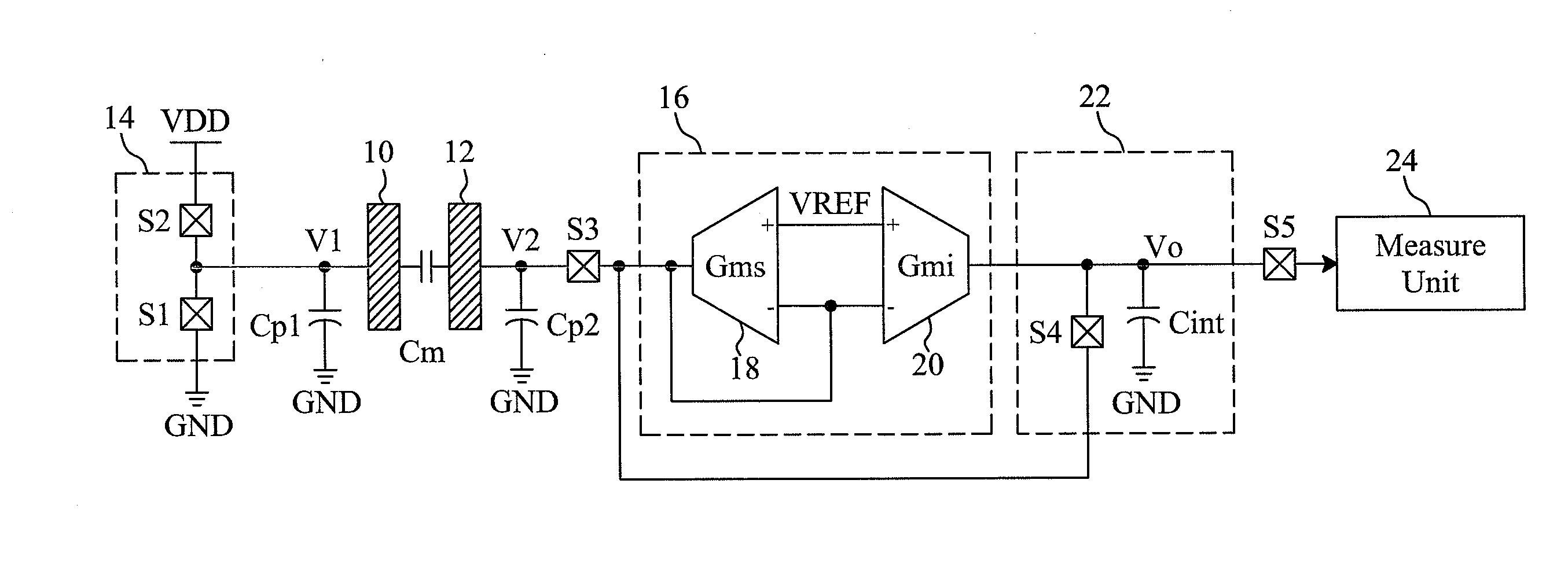 Circuit and method for sensing a capacitance