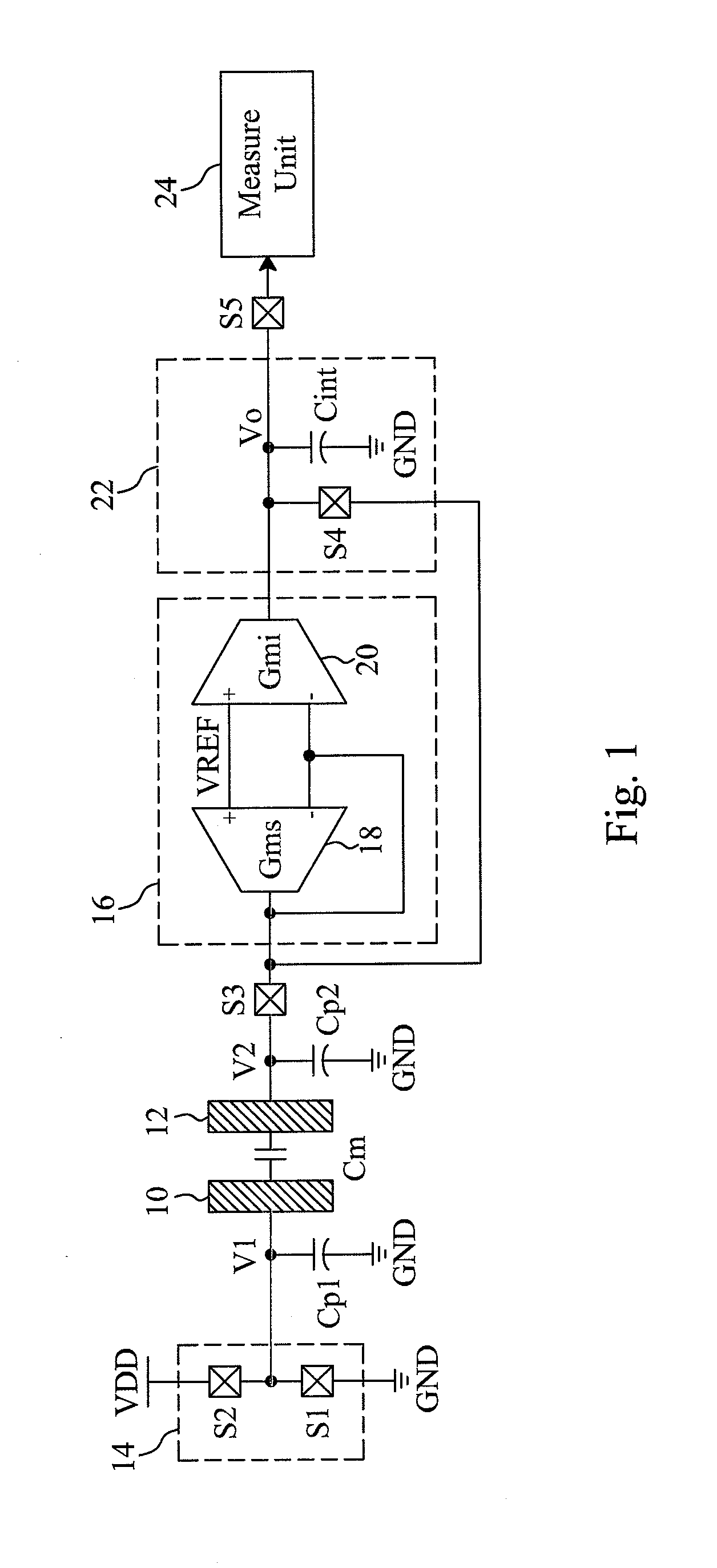 Circuit and method for sensing a capacitance