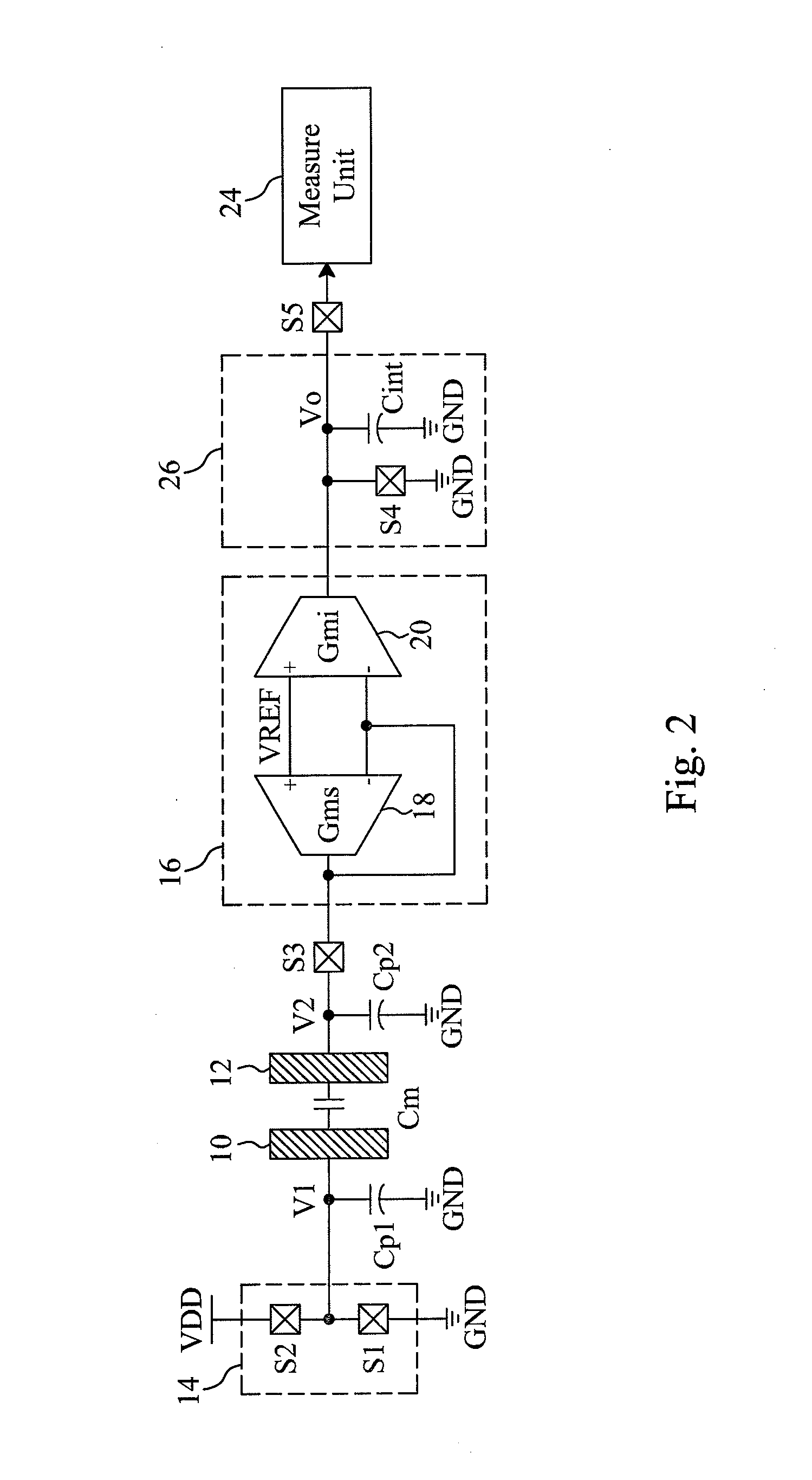 Circuit and method for sensing a capacitance