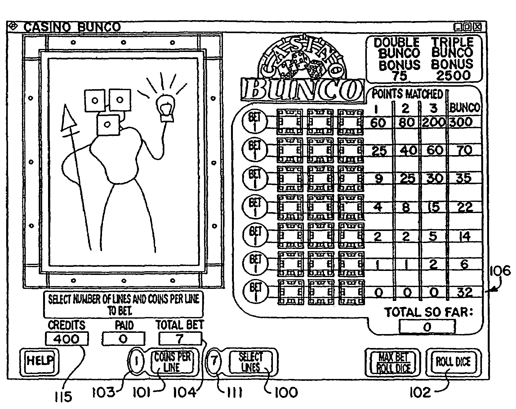 Bunco gaming device, method and bonus game