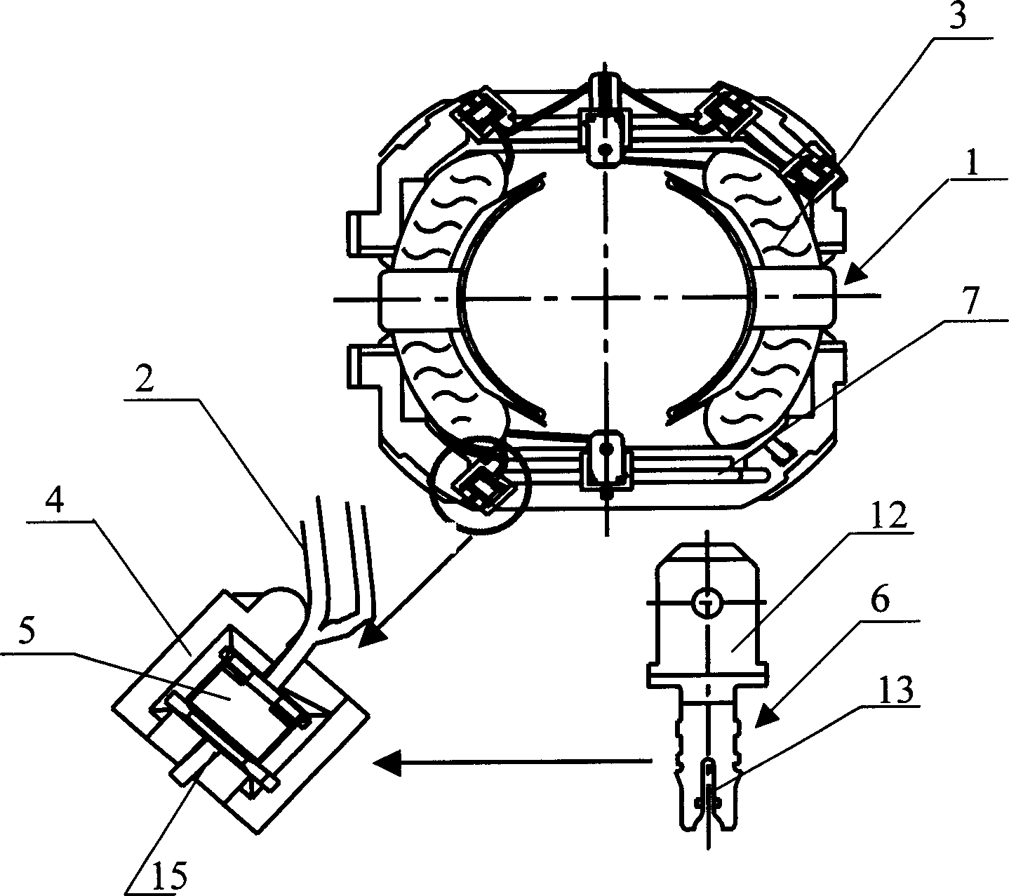 Connection structure between vacuum cleaner motor stator enamelled wire connection end and connection terminal