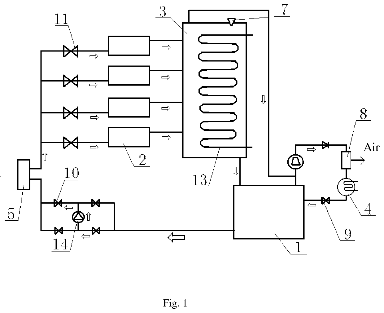 Air-vapor separation device for separating air from refrigerant vapor and method thereof