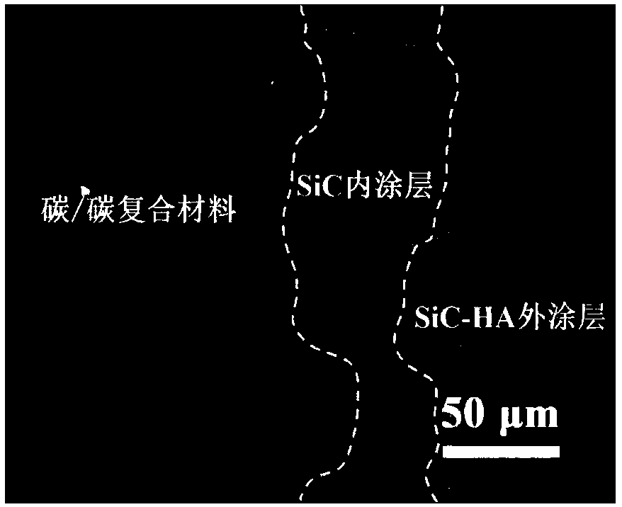 Carbon/carbon composite material modified by silicon carbide and hydroxyapatite gradient coating and preparation method thereof