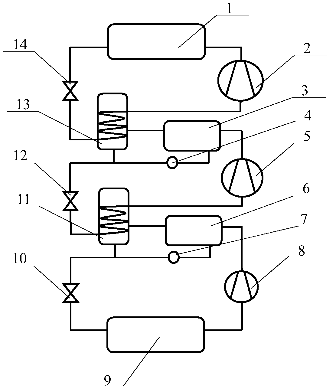 Three-stage cascade direct contact condensing and refrigerating circulating system