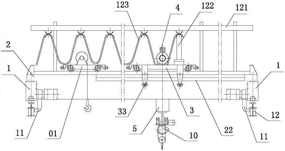 Cantilever crane provided with lifting trolley, reversed rolling wheel trolley and safety hook