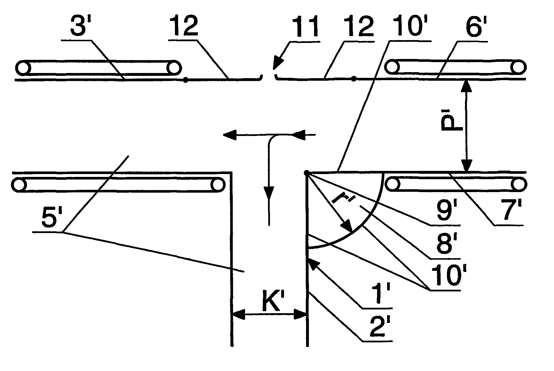 Method of separating streams of displacing multi-layered stacks of rodlike elements and valve device for separating streams of multi-layered stacks of rodlike elements