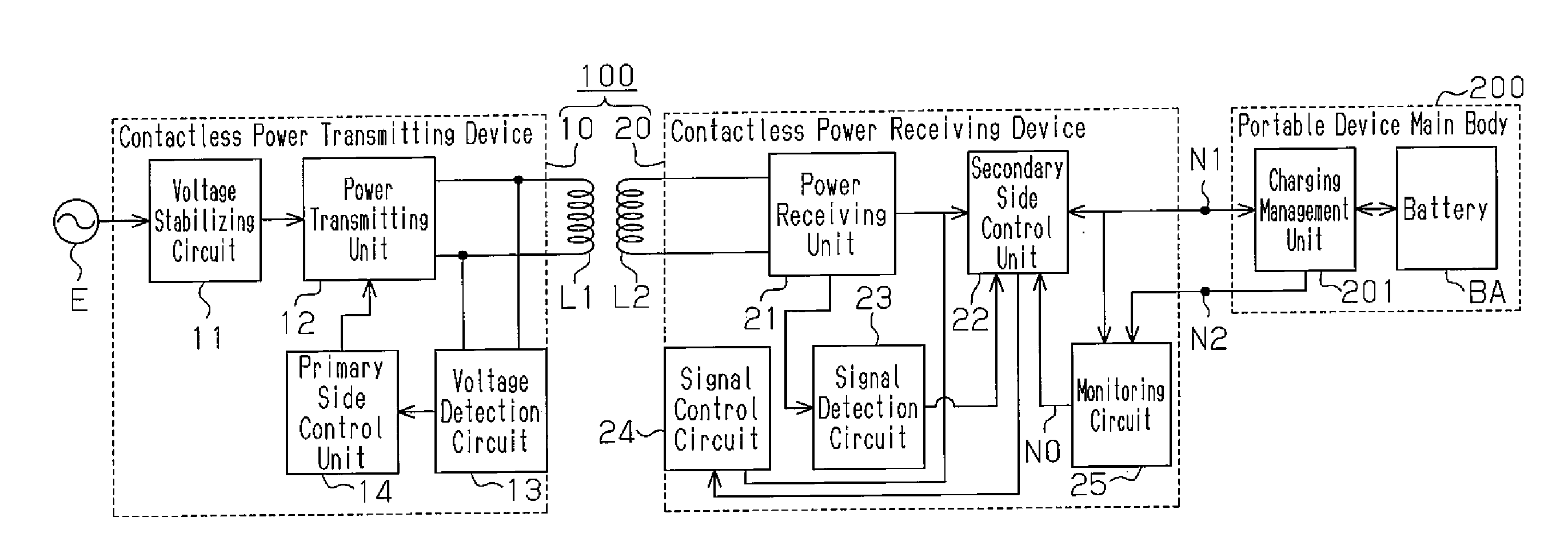 Contactless power receiving device, and contactless charging system