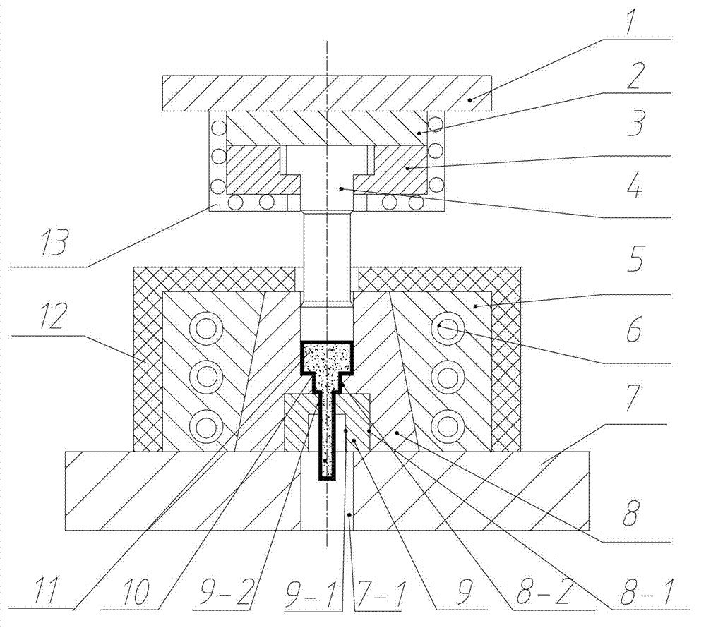 Device and method for step type hot extrusion preparation of Nd-phase-rich Nd2Fe14B/alpha-Fe permanent magnet