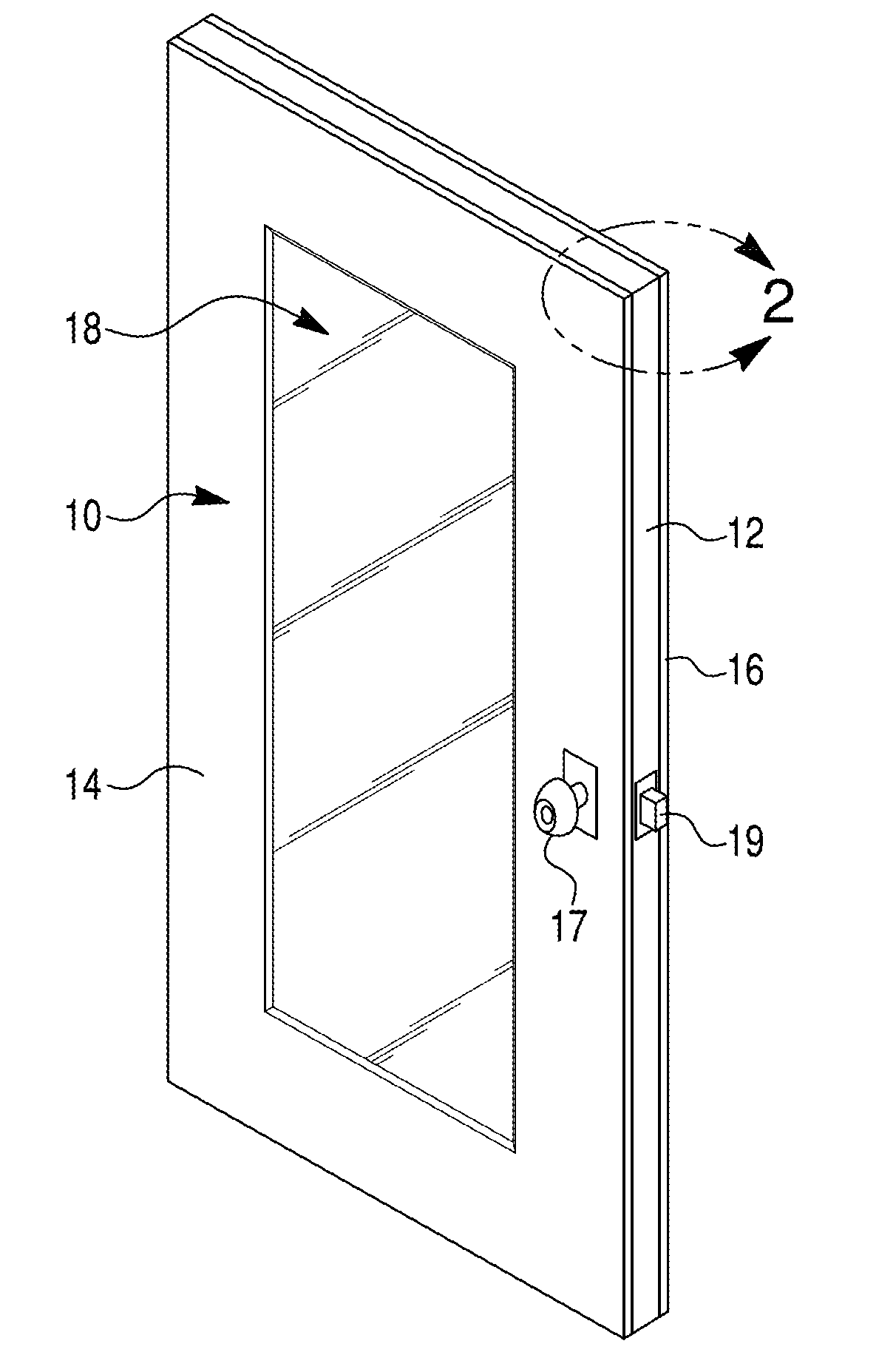 Door with frameless glazed unit, and related kit and methods