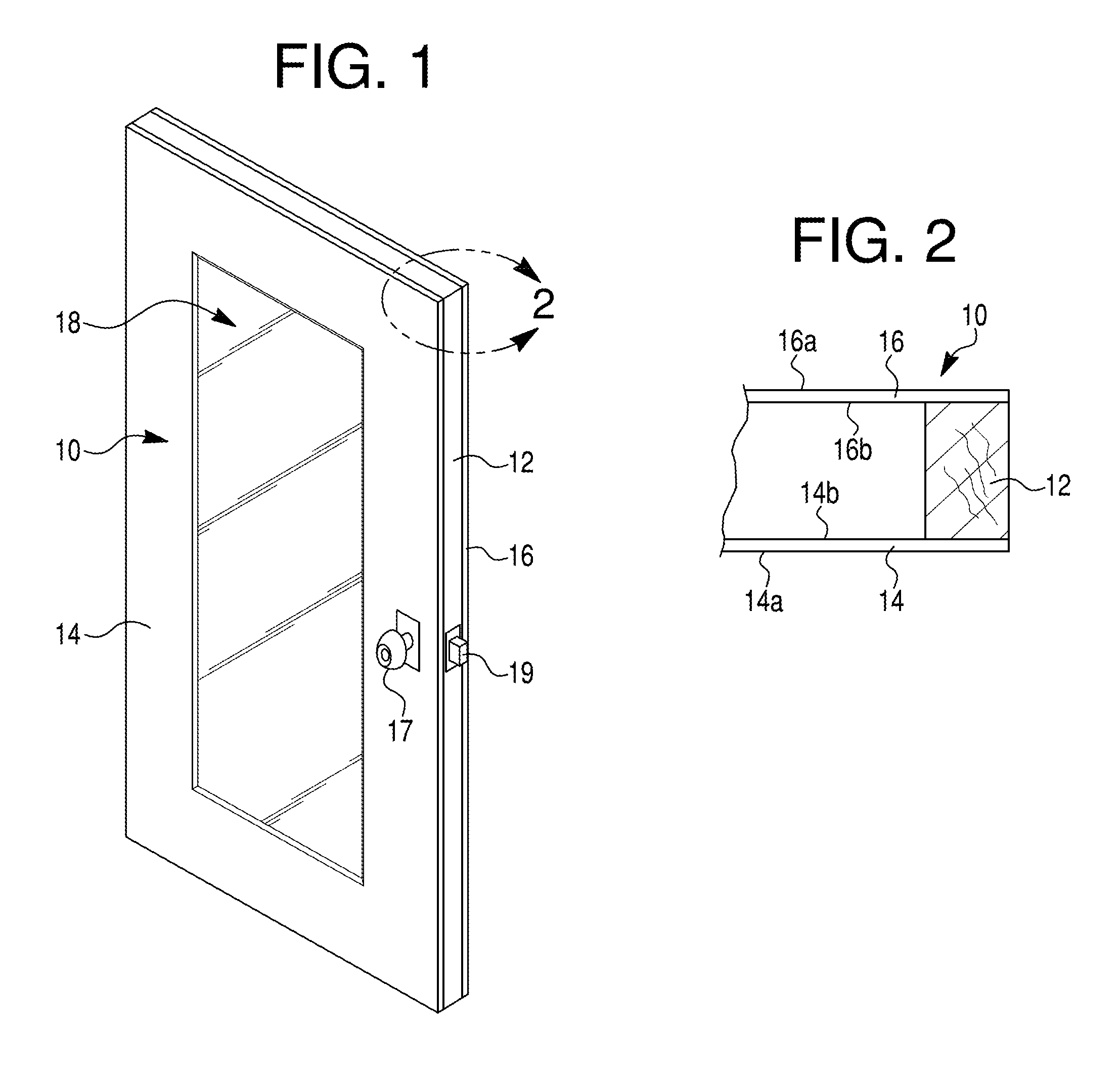 Door with frameless glazed unit, and related kit and methods