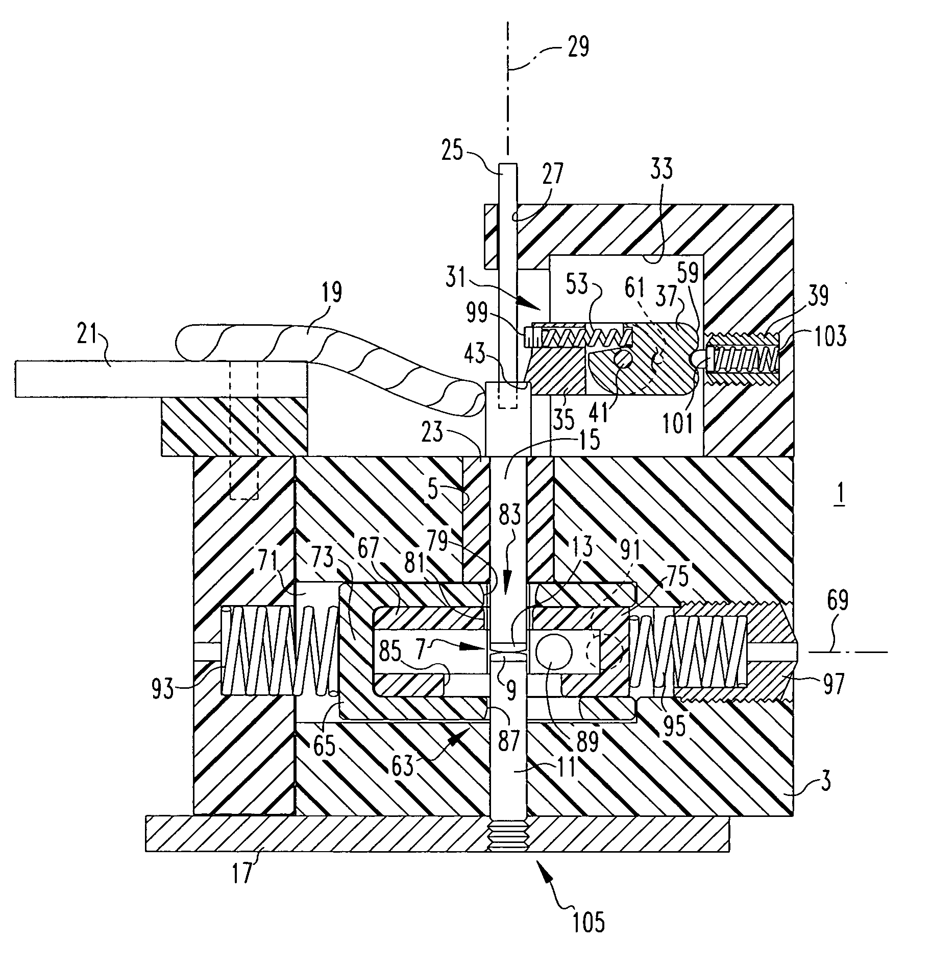 Circuit breaker with arc gas propelled movable contact and opposed arc cutoff shutters