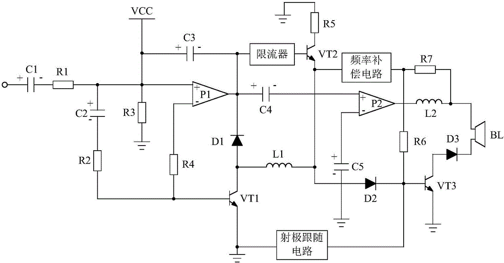 Frequency following type audio power amplification system based on frequency compensation circuit