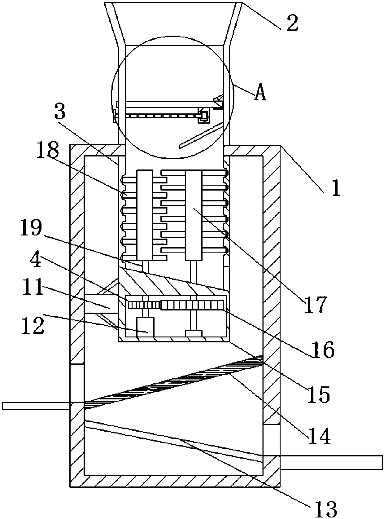 Material feeding pre-crushing device of camellia oleifera oil press