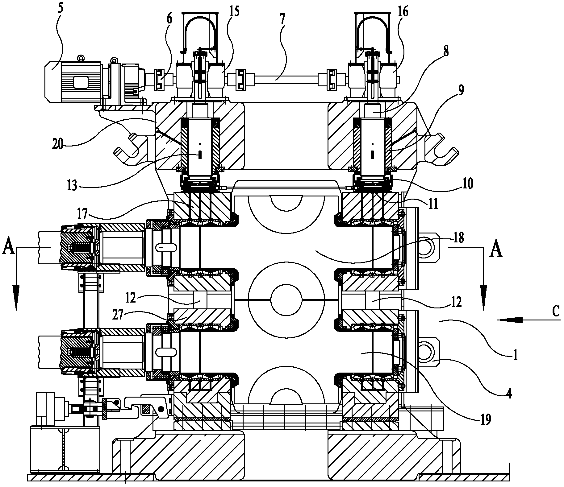 Two-roll tandem pipe mill and roll framework locking device thereof