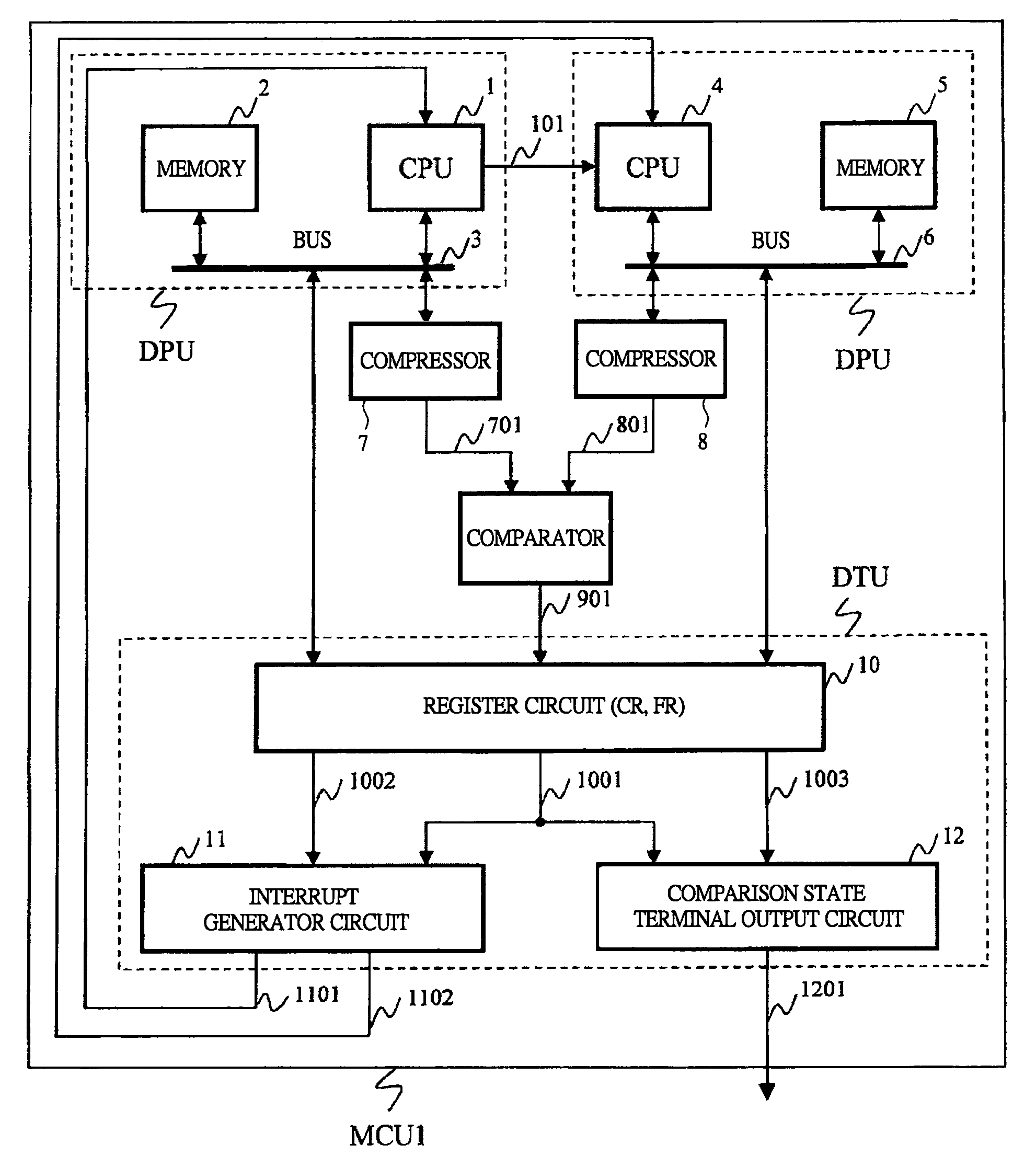 Multi-core microcontroller having comparator for checking processing result